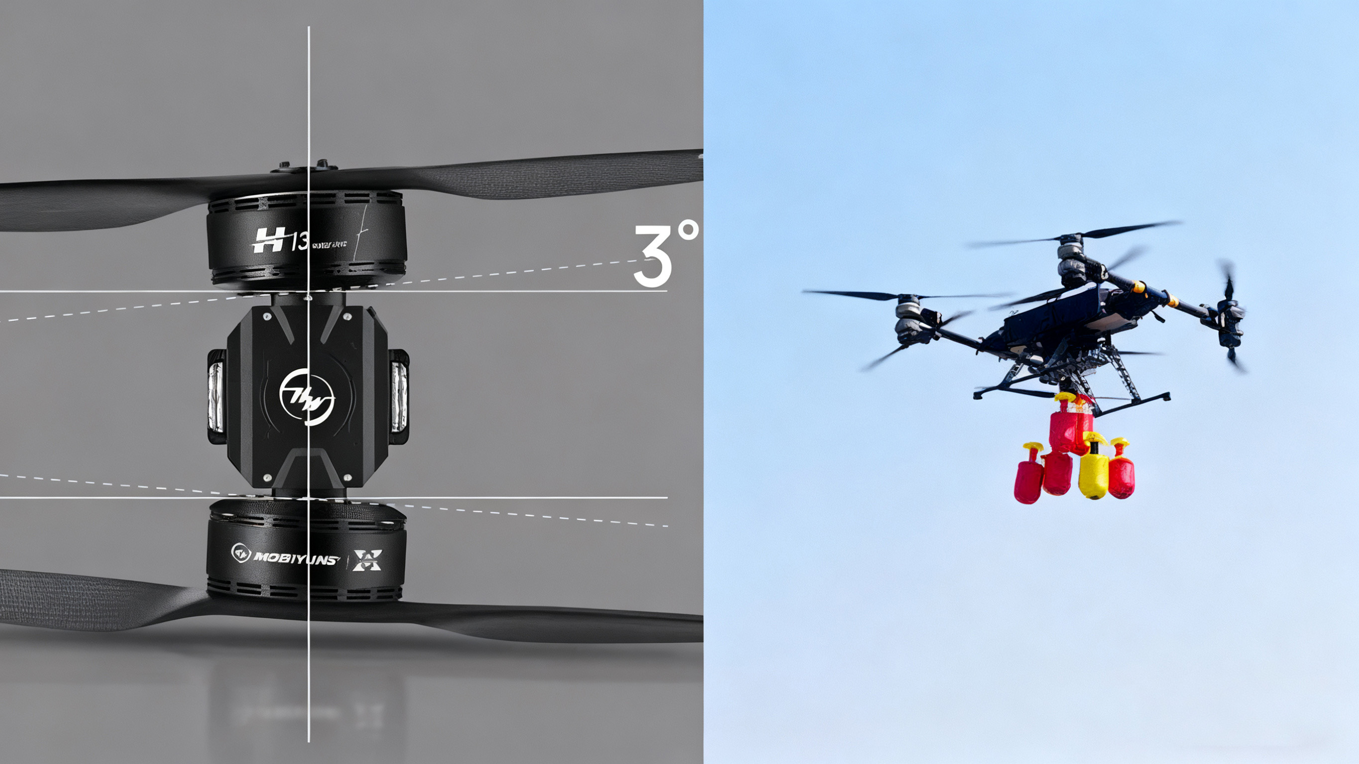 Coaxial Propulsion: Compact Power for Urban and Complex Environments The surge in urban air mobility and complex industrial applications has created a need for drones that can lift heavy loads without the large footprint of a traditional frame. Missions like high-rise firefighting and confined-space transport in logistics require a perfect balance of power and a compact platform. HOBBYWING's H11M, H13, and H15 coaxial propulsion systems are engineered for this exact purpose. Their innovative coaxial architecture multiplies thrust output within a relatively compact frame, dramatically improving the power-to-size ratio. Furthermore, the H13 and H15 models feature a precision 3° tilt angle on the tube clip holder. This clever design enhancement significantly improves maneuverability, ensuring that these heavy-lift drones remain agile and stable even under heavy loads.